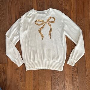 Beach Riot White Sweater with Gold Sequin Bow